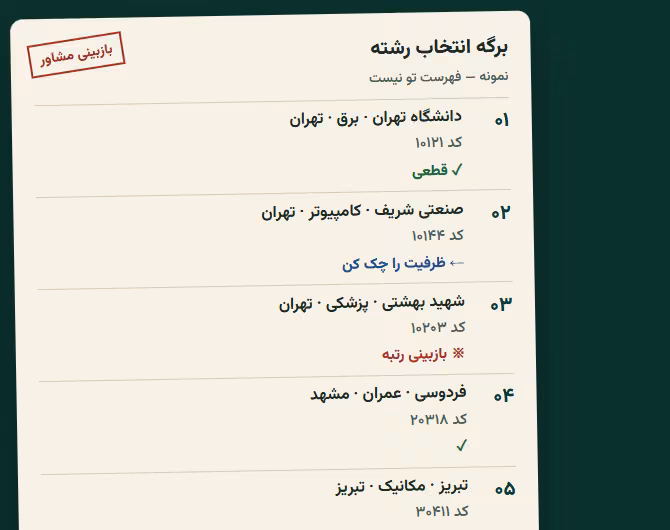 نمونه برگه انتخاب رشته با علامت بازبینی مشاور، بدون چهره